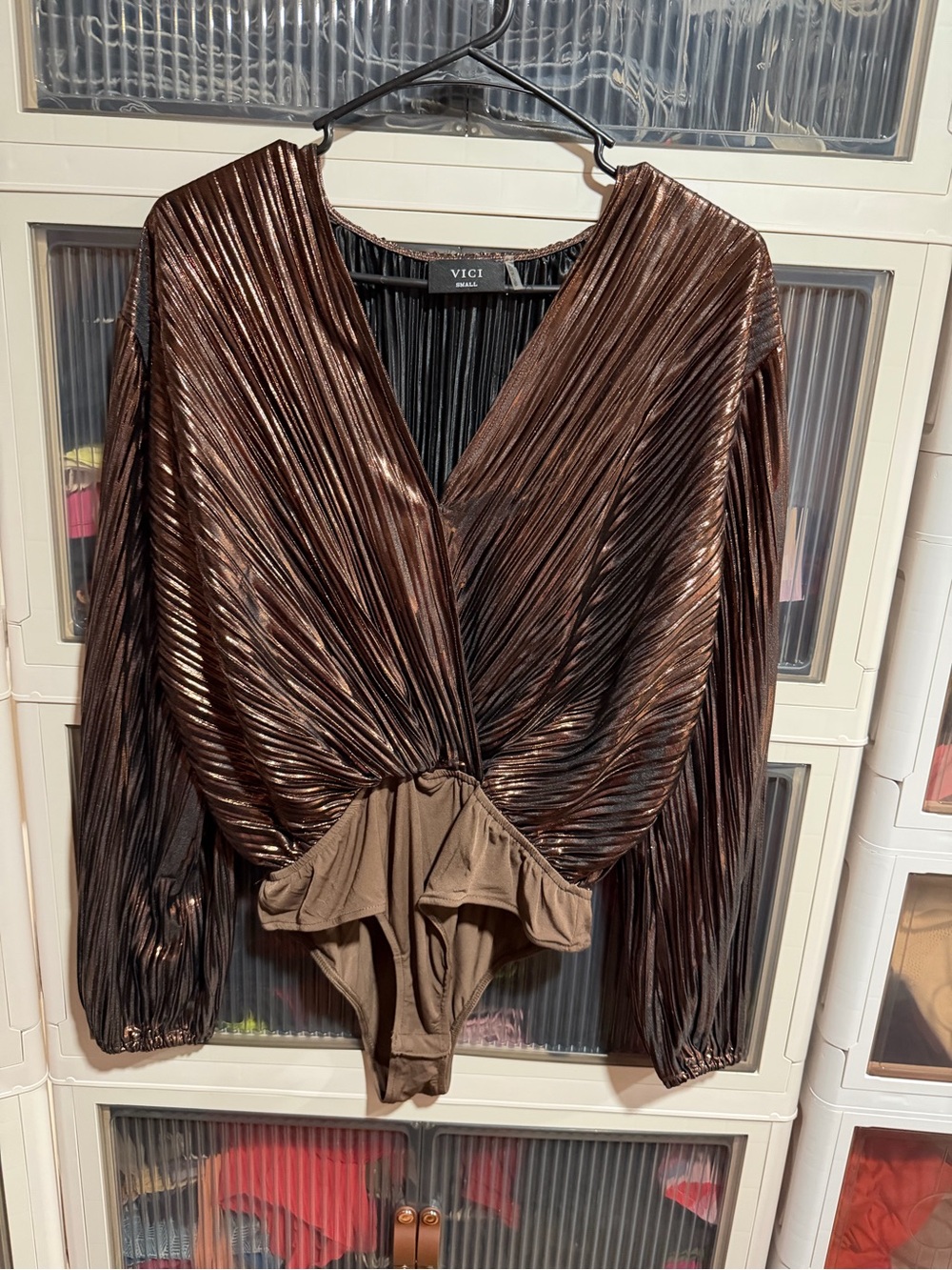 VICI Metallic Bronze Pleated Surplice Long-Sleeve Bodysuit
